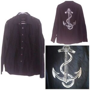 ROCAWEAR men's large 100% cotton black snap button long sleeve